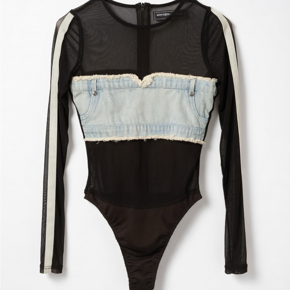 Manière De Voir Black Sheer Mesh Top with Denim Bandeau Panel- Size Small